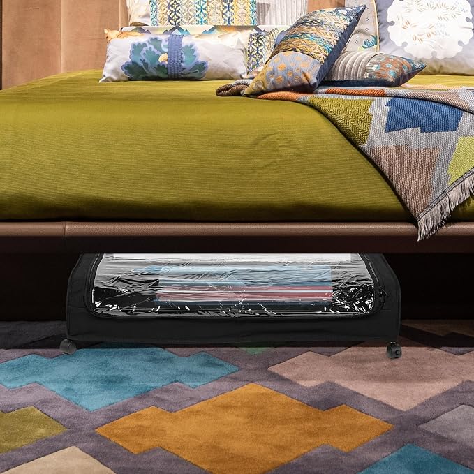Beavorty Bed Storage Organizer with Wheels and Lid, Metal Clothes Drawer Rolling Cart with Fabric Bottom Panel, Large Capacity Storage Bin for Clothes, Shoes, and Pet in Bedroom