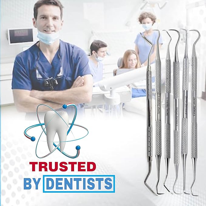 Professional Dental Tools Dental Picks Oral Care Kit, Stainless Steel Hygiene Kit Set with Tooth Scraper Tartar Scaler Tweezers Mouth Mirror for Personal & Pet Oral Care Use (Sickle Set of 6 Pcs)