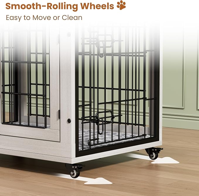 2 Pack Dog Crate Furniture,32'' Heavy Duty Kennel with Cushion & Wheels | White, Double Doors, Wooden Dog Cage, Chew-Resistant, End Table, Decorative, 27"/32"/38"/44" Options, Indoor