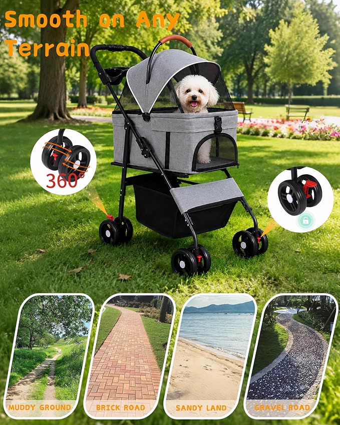 Pet Stroller, 3 in1 Foldable Dog Cat Stroller with Detachable Carrier-Gray | 35lbs Lightweight Foldable Dog Stroller, All-Terrain 4 Wheels, Compact Travel Pet Stroller for Small to Medium Pets