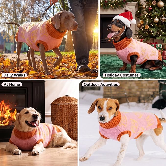 IDOMIK Knitted Dog Sweaters for Large Dogs, Stretchy Dog Winter Sweater,L | Warm Pink Dog Sweater with Leash Hole, Cozy Knitwear with Turtleneck, Soft Sleeveless Dog Clothes for Holiday Christmas