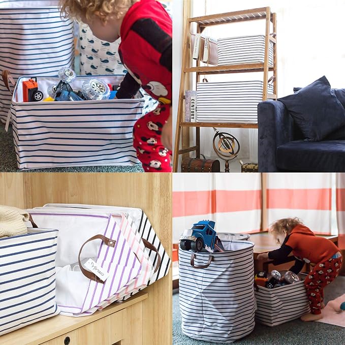 Hinwo 31L Large Canvas Storage Bin with Lid and Handles | Collapsible Fabric Basket, Closet Shelf Organizer, Container for Clothing, Blankets, Toys, Bedding (Navy Stripe)