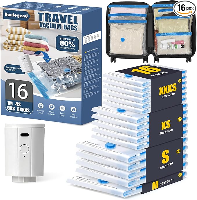 BoxLegend 16 Pack Vacuum Storage Bags with 1200mAh USB Electric Pump - M/S/XS/XXS 4 Sizes Thickened Waterproof Vacuum Seal Bags for Clothing, Travel, Moving & Closet Organization - Save 70% Space