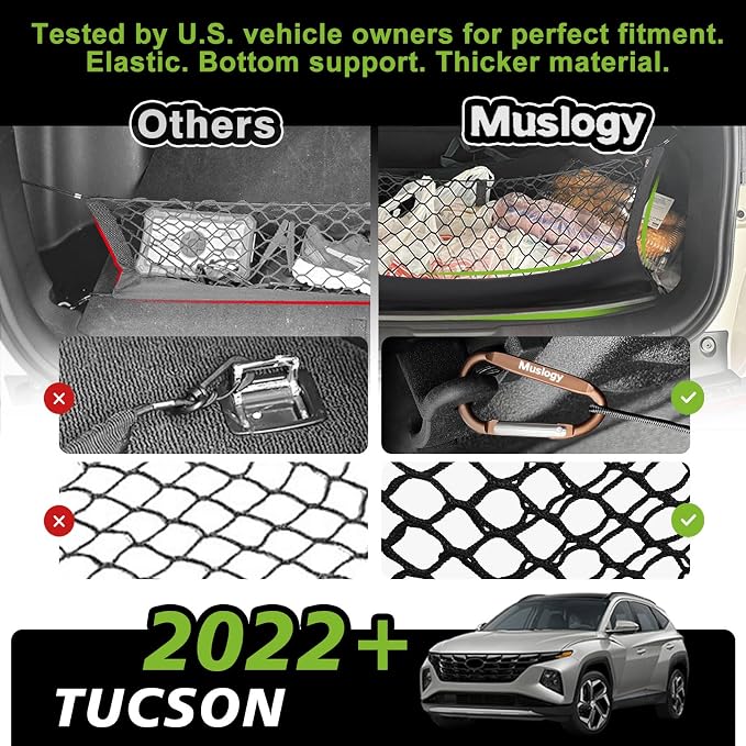 Muslogy Cargo Net for 2022-2025 2026 Hyundai Tucson Accessories | Custom Fit, Trunk Storage Organizer Net for SUV Sedan Van Divider, with Heavy Duty Carabiners, Night Visible Grab Handle