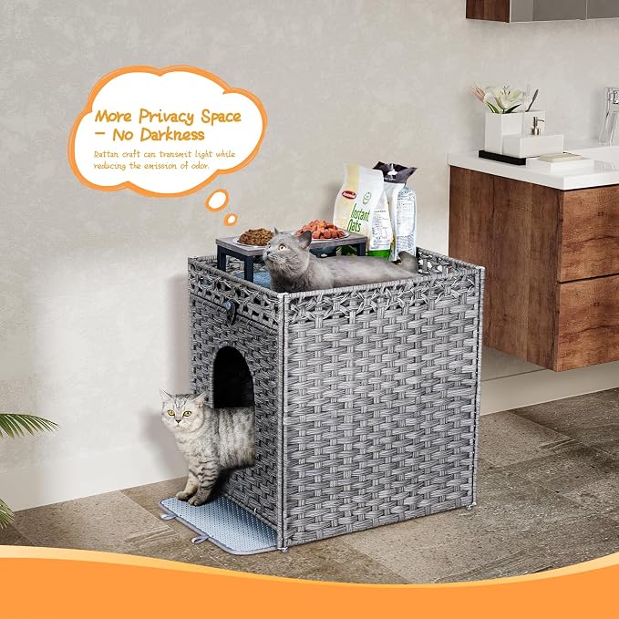 Snughome Cat Litter Box Enclosure Furniture Hidden with Cat Litter Mat, Hidden Cat Washroom Furniture with Door, Handwoven Rattan Cat Washroom Box, Indoor Pet House for Living Room, Bedroom(Grey)