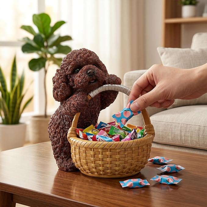 Cute Red Poodle Candy Bowl, Resin Dog Figurine Key Bowl for Entryway Table, Desktop Storage Basket Organizer for Desk, Unique Poodle Lover Gift