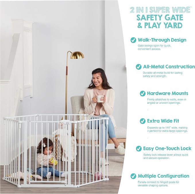 Regalo Safety 51.5"-144" Metal 2-in-1 Super Wide Baby Gate & Play Yard | Adjustable Playpen, For Doorways & Open Spaces, For Babies, Toddlers & Pets, White, Tested & Trusted for 30 Years