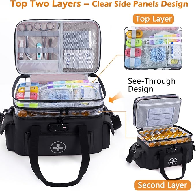 BAGSFY 3-Tier Medicine Organizer with Combination Lock – Large Medicine Bag, Empty First Aid Kit Case, Pill Bottle Medical Supply Organizer, Travel Prescription Bag, Medication Storage Container