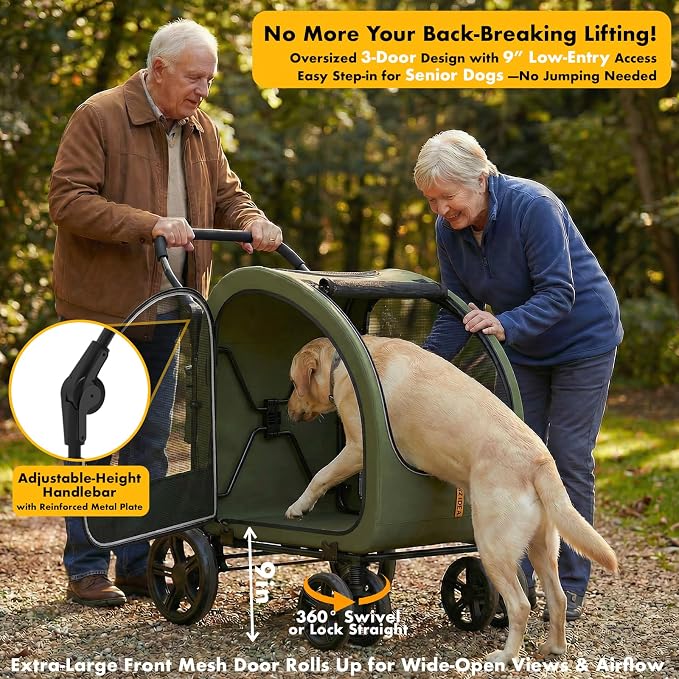 PAWZIDEA 3-in-1 Large Dog Stroller with Detachable Carrier, 45% Extra Tall | Dog Crate Car Travel for 2 Medium Dogs Sit Upright, Foldable Jogger Pet Stroller All-Terrain, Adjustable Handle, Up to 100lbs