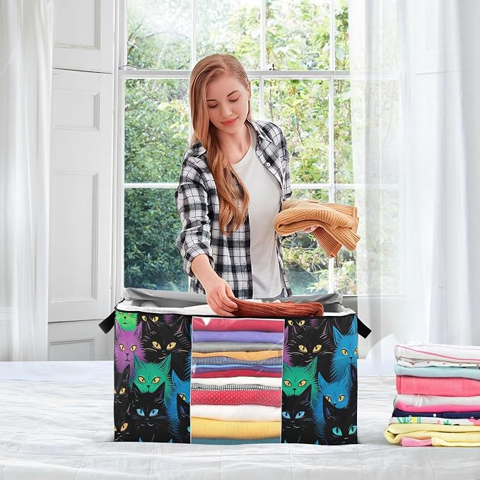 Cute Cat Black Clothes Storage Bag Bins 2 Pack Foldable Storage Containers Large Closet Organizer with Zipper Under Bed Storage for Clothing Bed Sheets Comforters 60L