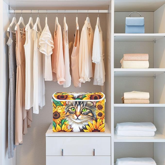 Sunflower Cat Storage Bins with Lids Closet Bedroom 40L Storage Basket | Decorative Storage Boxes, Foldable & Stackable, Dust-Proof Flip Top, Reinforced Handles, For Home & Dorm, Clothes & Toy Box