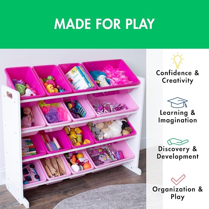 Humble Crew Supersized Toy Storage Organizer with 16 Removable Bins, White/Pink – Large Toy Storage for Toddlers Ideal for Kids' Rooms, Playrooms, and Nurseries - Modern Toy Bins for Kids