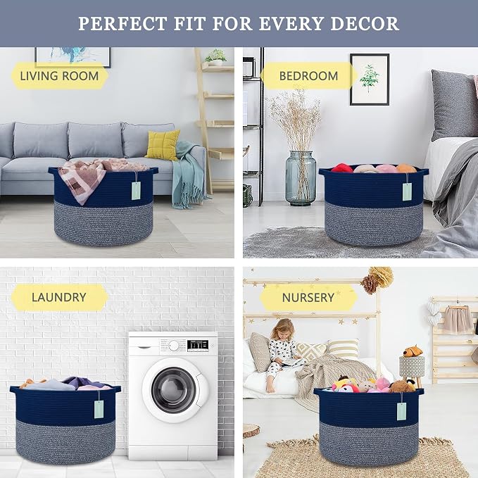 Large Cotton Rope Blanket Basket, 87L Laundry Hamper, Navy Blue