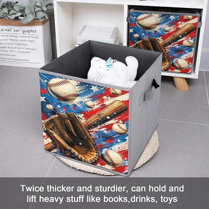 Baseball Glove Bat And Balls Storage Bin with Handles, Oxford Fabric Foldable Storage Cube Organizer for Clothes, Towels, Bedroom, Living Room, Home Organization