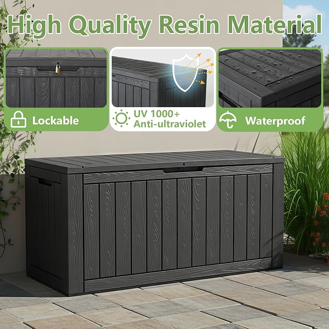 97 Gallon Waterproof Large Resin Deck Box, Lockable Large Outdoor Storage Box Indoor Outdoor Storage Container for Patio Cushions, Gardening Tools, Pool Supplies, Black