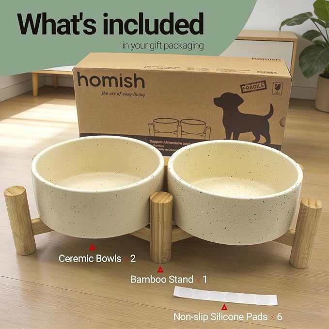 Elevated Dog Bowl & Cat Dish 27oz – Raised Ceramic Pet Food and Water Bowls with Bamboo Stand, Feeding Station for Small & Medium Pets, Prevents Neck Strain – Durable, Premium Quality by Homish