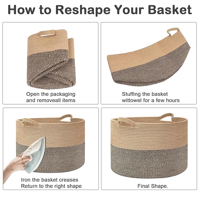 90L Extra Large Blanket Basket,Woven Rope Laundry Basket-Grey | Collapsible, reinforced handles, nursery storage bin organizes clothes, toys and pillows for living room, bedroom bathroom