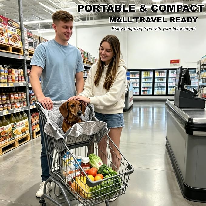 Portable Dog Shopping Cart Cover, Soft Fabric Cart Cover for Pets | Shopping Cart Hammock Secured with Hook and Loop with Safety Ropes, Comfortable and Easy to Clean with Carry Bag (Gray)