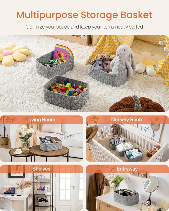 KALLAX Small Woven Storage Basket for Organizing, 12 x 8 x 4.5 inch, 3 Pack | Shelf baskets for closet organization, toy storage and home decor, Perfect as empty gift baskets for holidays, Mixed Grey