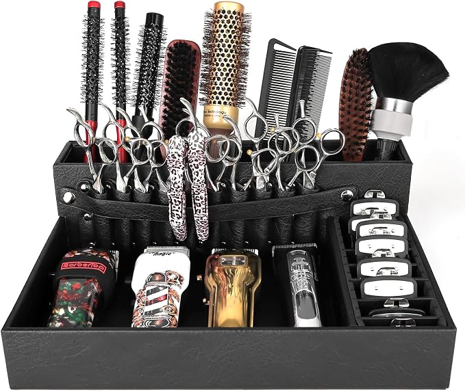 Barber Organizer Tray, 13.9 x 11.2 x 4.4 inch Adjustable Station for Clippers & Guards Scissors, Multifunctional Non-slip Barber&Salon Hair Tools Holder, with PU Leather Exterior Hairdressing Case
