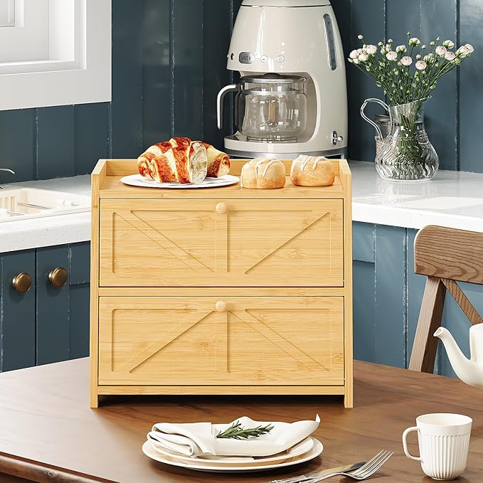 Trironsun Vintage Double Layer Bread Box for Kitchen Counter Bamboo Bread Storage Container Large Capacity Bread Storage Bin (Natural Bamboo)