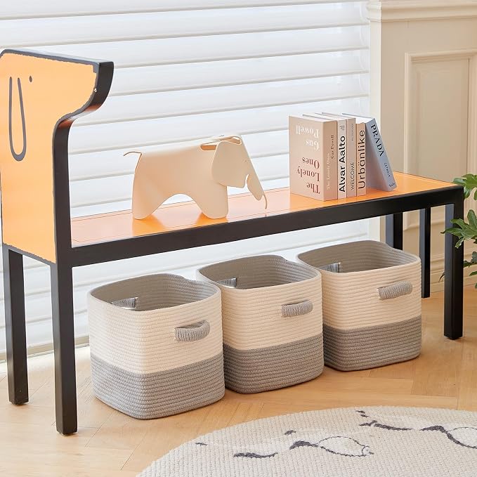R RUNKA Storage Cube Baskets for Organizing- 3 Pack- 11 inch Square Baskets for Cube Storage, Closet Storage Bins- Woven Cube Storage Bins for Shelves- Ideal for Toy Storage |White & Grey
