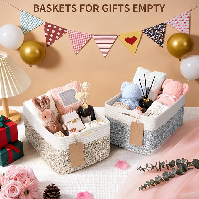 Goodpick 4 Pack Storage Baskets for Organizing Shelves, Gray & White | 13" x 8" x 6" Woven Rope Baskets for Baby Toys & Books, Shelf & Closet Organization, Stylish Gift Basket for Home Decor