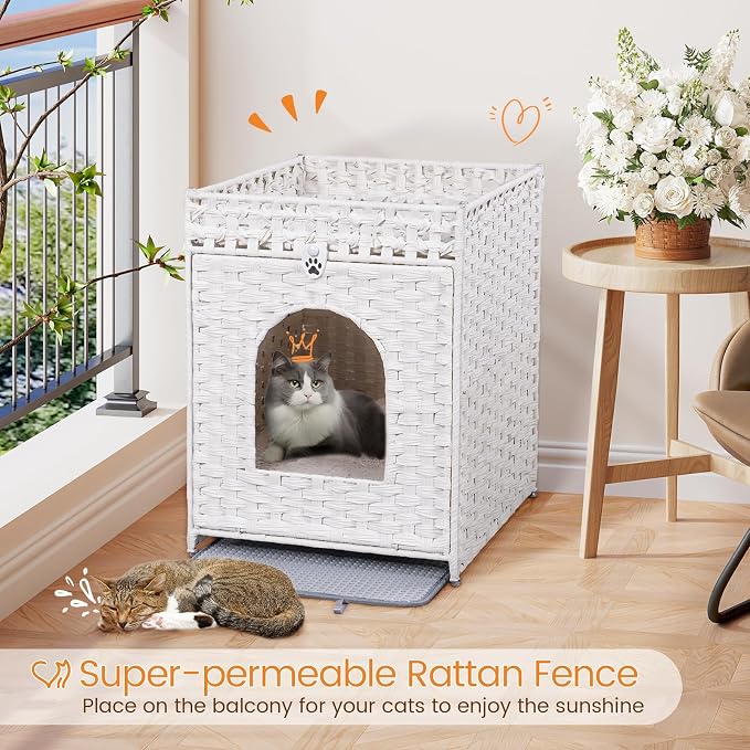 Snughome Cat Litter Box Enclosure Furniture Hidden with Litter Mat, Hidden Washroom Furniture with Door, Handwoven Rattan Cat Washroom Box, Indoor Pet House for Living Room, Bedroom(White)