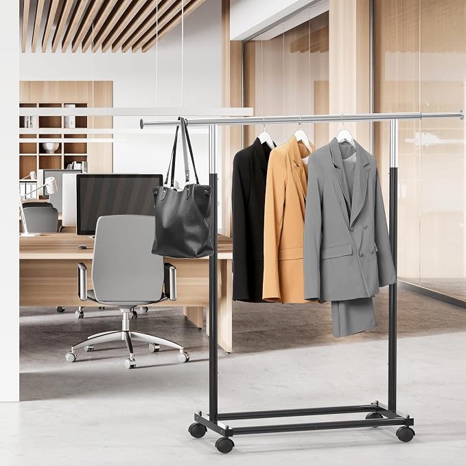 Simple Houseware Standard Rod Garment Clothing Rack, Black | Single Rail, Extendable Width from 30 to 47 Inches, Rolling Clothing Organizer for Bedroom, Laundry, Living Room