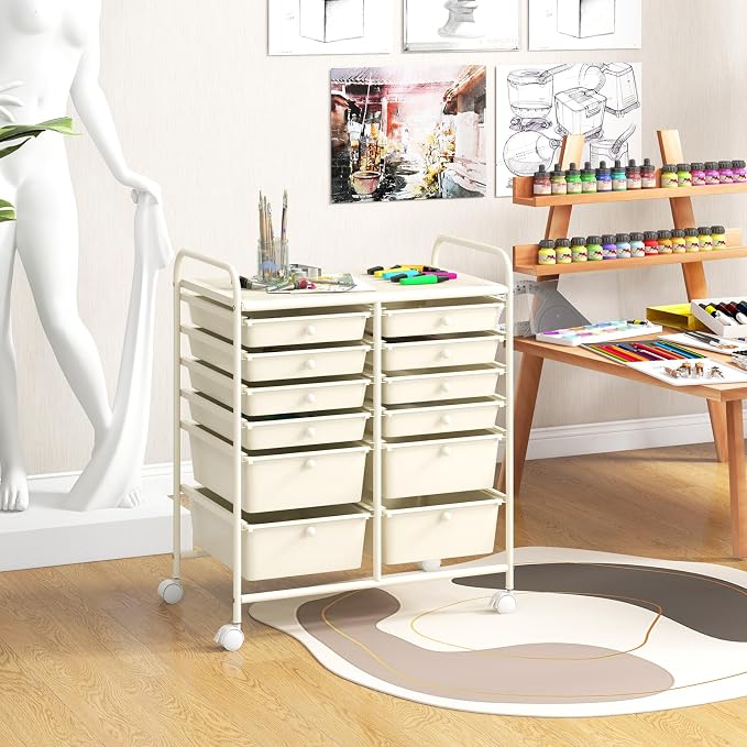 12 Drawer Rolling Storage Cart, Art Cart Organizer on Wheels, Mobile Utility Cart with Drawers, Multipurpose Craft Drawers for Home Office School Classroom (White)