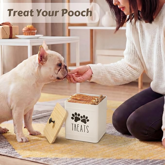 PERFNIQUE Dog Treat Container, Airtight Dog Treat Jar, Dog Cookie Jar for kitchen Counter, Pet Treat Container, Dog Food Storage, Treat Jars for Pets, Cat Treat Container, 7.8''x6.2 (White)