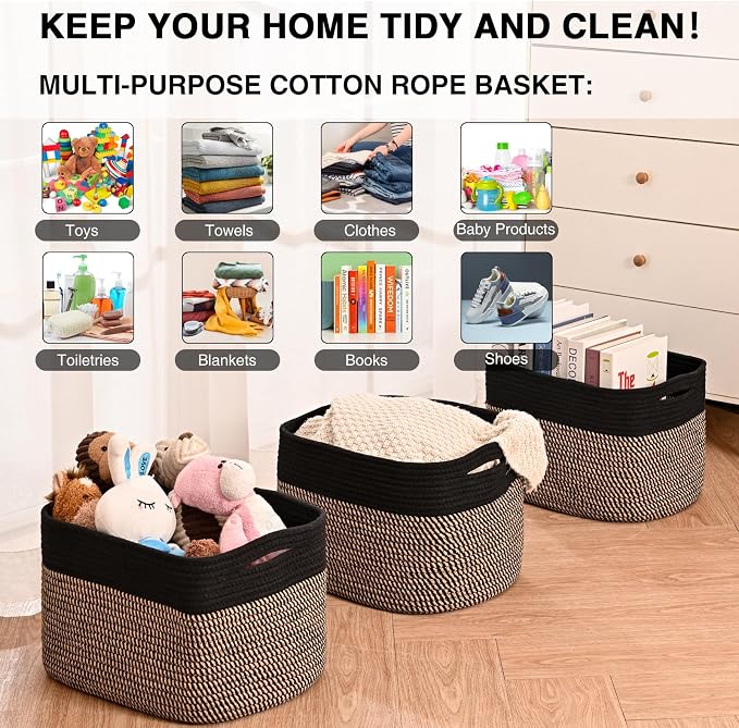 Storage Baskets for Organizing Shelves, Woven Cotton Rope Bins for Organization, Dog Toy Organizer for Shelf Living Room Bedroom, 14.8"×11"×9.5", Pack of 3, Black & Jute