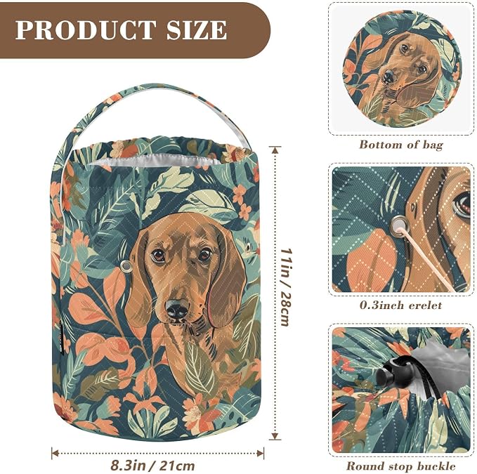 Fustylead Vintage Lovely Dachshund Dogs and Floral Knitting Yarn Storage Tote Basket, Durable Polyester Large Crochet Drawstring Bag for Crocheting Project, Sewing Supplies, Needles