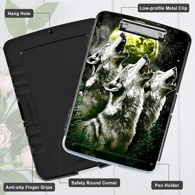 Three Gray Wolves A4 Clipboard with Storage Pen Holder, Clipboards Organizer Nursing Clipboard Foldable File Folder Plastic Clipboard Folio Clip Board for Office Students Classroom Doctor