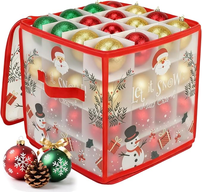 Christmas Ornament Storage Box, Christmas Ball Container with Dividers for 64 Balls, Space-Saving Holiday Decor Organizer Xmas Ornaments Box (Red)