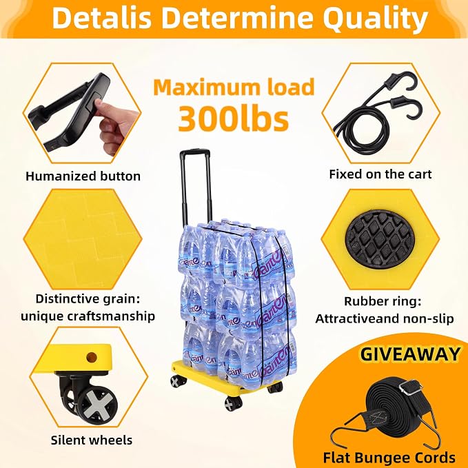 GtIiFmTe Foldable Hand Truck, Lightweight Luggage Cart for Airport Car Seat | Compact Folding dolly with Rotating swivel wheel,storage size12×15.7×4.1",300lbs Load,Upright Lock Handle with 3bungee cords