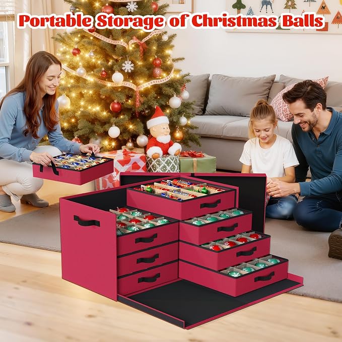 StorageRight Christmas Ornament Storage Box - Ultra Large Drawer Ornament Organizer with 8 Separate Trays & Adjustable Dividers, Portable Ornaments Box with Cover & Handle for Holiday Decorations(Red)