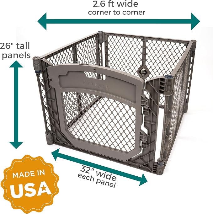 MyPet North States Petyard Plus: 3 Ft. Wide Folding Dog Playpen Indoor or Outdoor. 4-Panel Freestanding Play Pen Dog Gate Made in USA. 26" Tall, Fieldstone