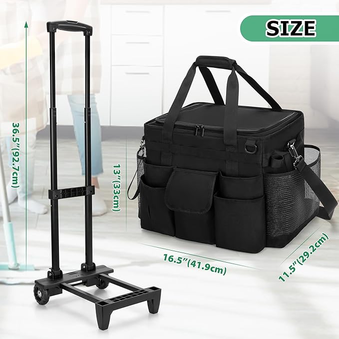 LoDrid Rolling Cleaning Caddy with Lid and Detachable Trolley, Black | Cleaning Supplies Organizer, Cleaning Caddy Cart on Wheels with Handle and Shoulder Strap for Housekeepers