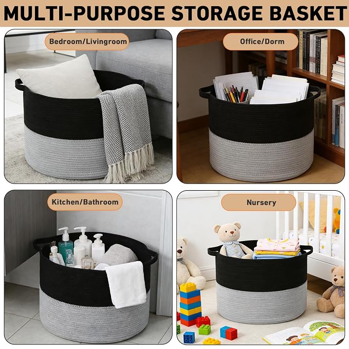 115L Large Blanket Basket,Woven Laundry Basket-Black&Light Grey | Collapsible, reinforced handles, nursery storage bin organizes clothes, toys and pillows for living room, bedroom bathroom