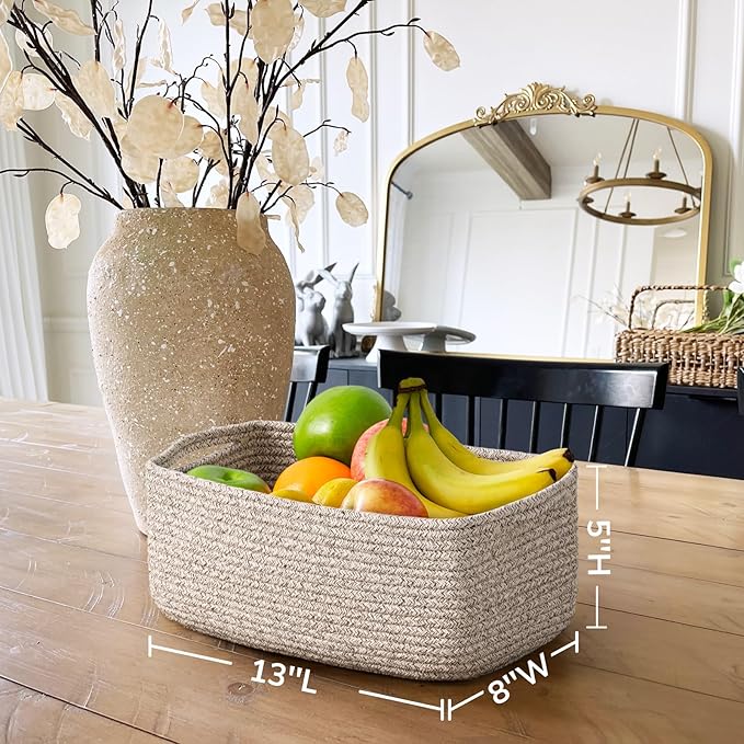 Goodpick 3-Pack Rope Storage Baskets for Closet Organizing, 13 x 8 x 5 | Woven Baskets for Shelves Fit Bedroom Lving Room, Large Baskets for Gift Empty, Dog Toy Basket for Pets, White & Brown