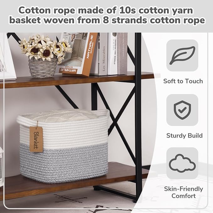 Goodpick Woven Rope Storage Basket for Shelves, Rectangle, Light Gray | 13" × 10" × 9" Stylish Gift Basket for Home Decor, Cotton Rope Baskets for Clothes, Towels & Toys Storage, Reinforced Handles