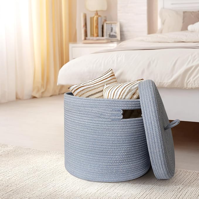 Storage Basket with Lid, Woven Blanket Storage for Living Room, Soft Cotton Rope Bin with Lid, Round Wicker Laundry Basket with Cover, Lidded Kid Dog Toy Box, Nursery Organizer, 15"x13", Blue