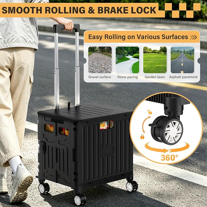 SUNALLY Folding Utility Cart Rolling Crate Handcart Shopping Trolley, Black | Lockable Collapsible Tool Box with Lid, Rolling Crate With Wheels for Grocery, Travel, Garden, Shop, Office, Luggage, Teacher