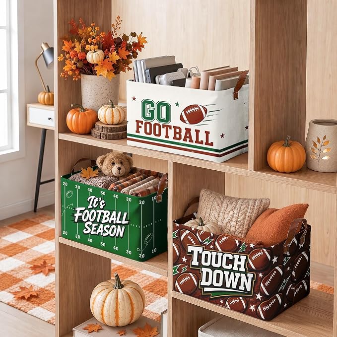 Britimes Football Storage Baskets for Gift, Toy Storage Bins Box,3Pcs Fall | Game Day Canvas Collapsible Baskets Organizer with Handles Football Nursery Decor Laundry Basket for Shelves Closet