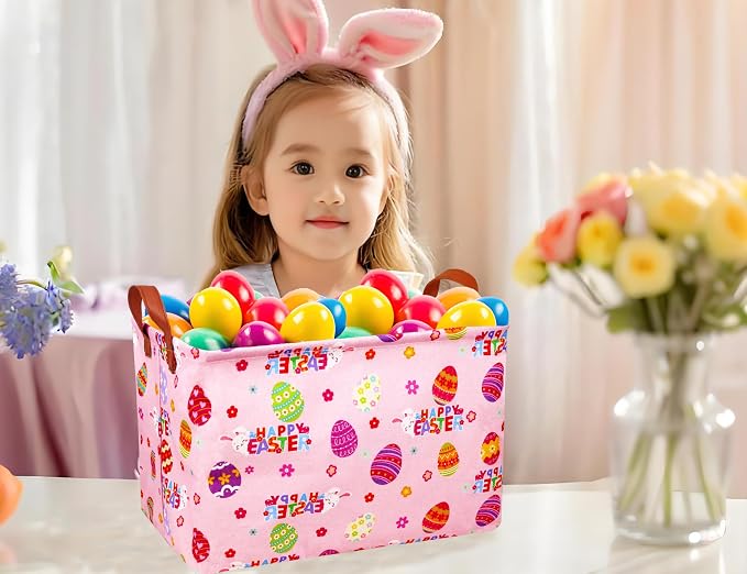 Large Rectangular Easter Baskets Empty Waterproof Boy Toy Box Foldable Kid's Gifts Storage Bin Spring Room Decor(HAPPY Pink Rabbit Egg)