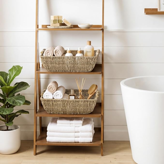 StorageWorks Hand-Woven Jumbo Storage Baskets with Wooden Handles, Seagrass Wicker Baskets for Organizing, 2-Pack | Wicker Storage Baskets for Shelves, Baskets with Wooden Handles, 2-Pack Gifts Basket for Home Decor, Hand-Woven Basket