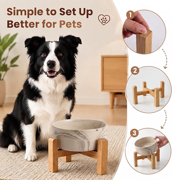 hjn Elevated Ceramic Dog Bowl with Bamboo Stand, Raised Pet Feeding Station for Small Medium Dogs Cats, Modern Design with Anti-Slip Base (Marble Brown, 7.6Cup)