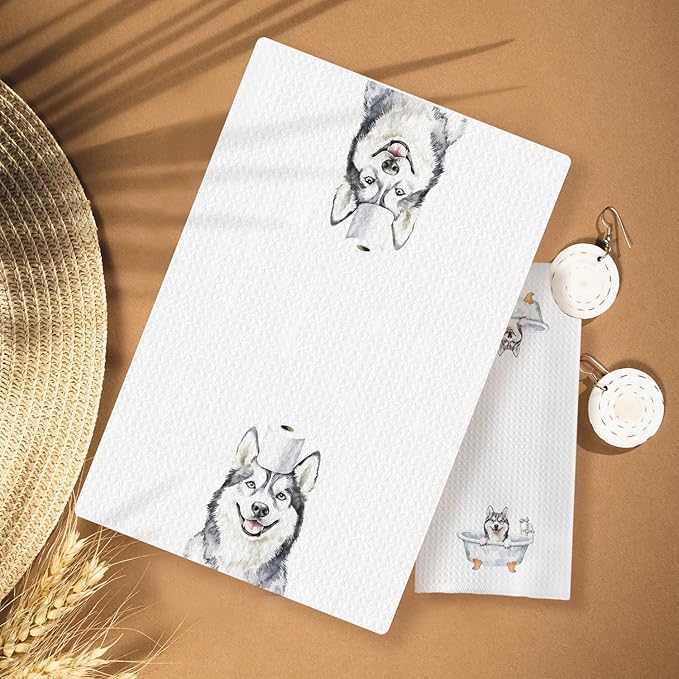 Funny Husky Bathroom Decor Hand Towels Set of 3, Husky Mom Gifts, Gifts for Husky Lovers, Kids Dog Bathroom Decor, 16x24 Inch