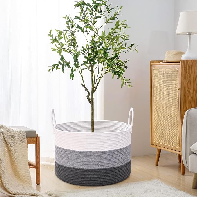 67L Large Woven Blanket Basket, Cotton Rope Baby Laundry Hamper with Handles, Kids Toy Basket for Classroom & Nursery, Soft Round Stuffed Animal Storage, Dog Toy Bin - 20"x13", Gray